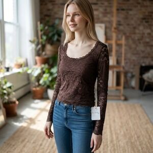 La Peche Lace Top Women Long Sleeve Floral Scalloped Brown L